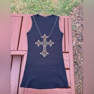 Vintage Emily Blu Black Ribbed Tank Top with Rhinestone Cross – Made in USA – M
